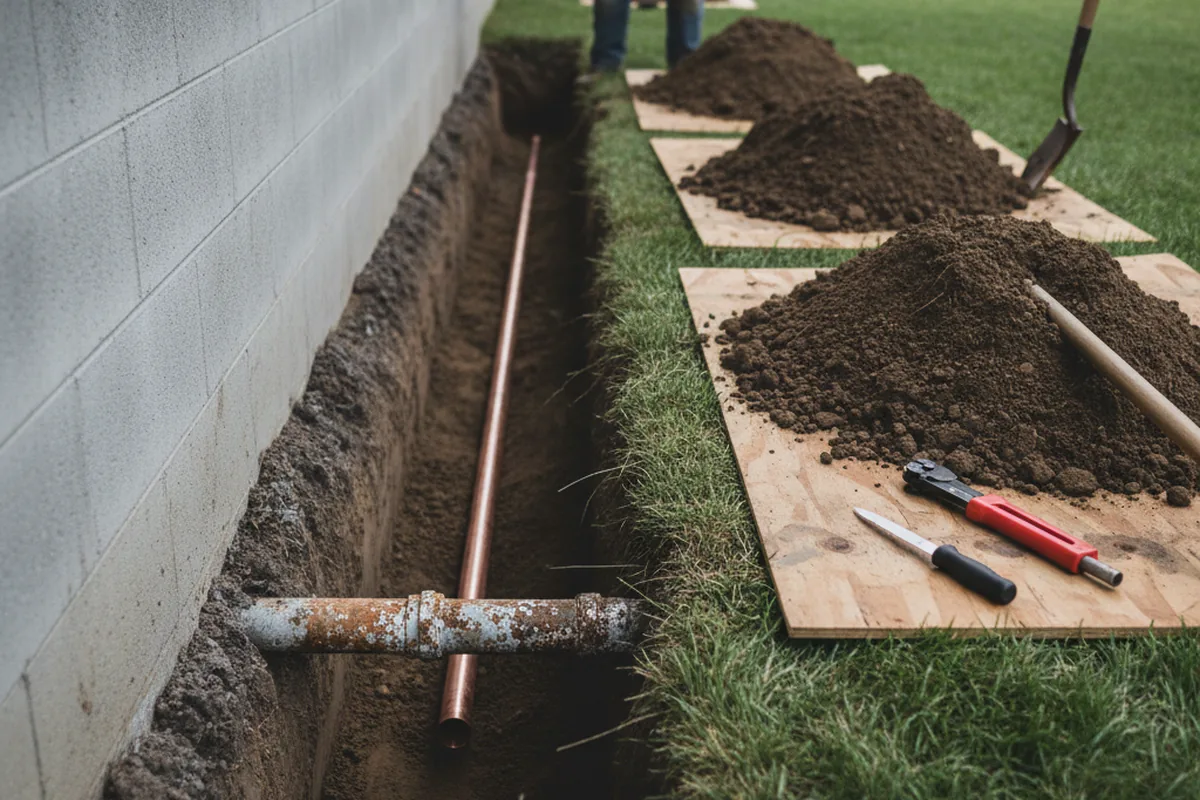 Excavated water line trench during Water Softener Installation in Ossian